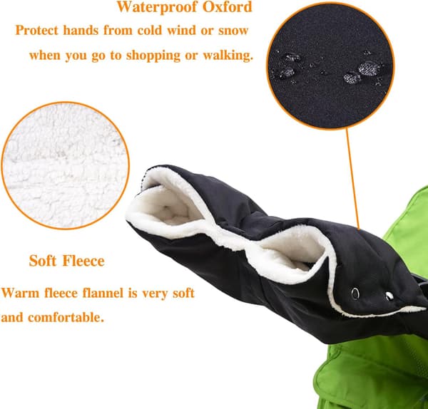 Fleece Stroller Mittens - Hand Muff/Hand Warmer Waterproof Windproof Antifreeze Extra Thick Stroller Accessory, Black