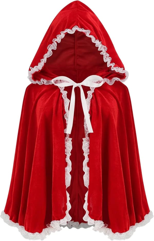 Rød blondekappe med volanger og hvit kant, kort modell, 60 cm