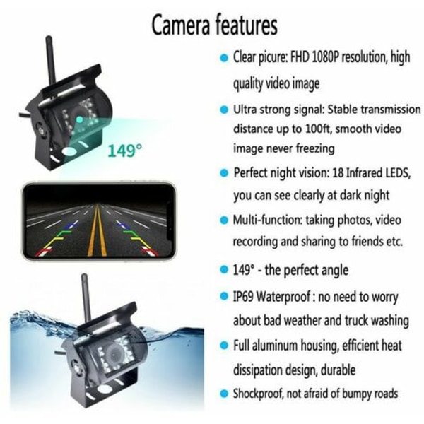 HD 12V-24V WIFI trådlös säkerhetskopieringskamera för lastbil 170 grader