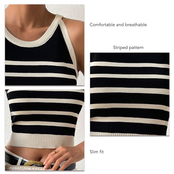 Stickad tanktop för damer, randig, slim fit, rund hals, mode, ärmlös kort topp för kontor, fest, vardag, svart L