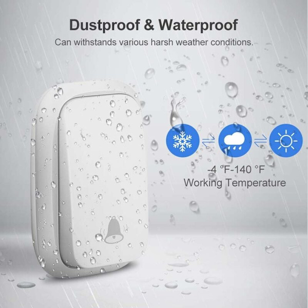 Trådlös och batterifri dörrklocka utomhus vattentät IP 65 snö regn fuktighet, vit