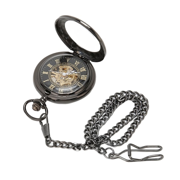 Mekanisk lommeur Vintage dobbelt etui ur håndoptræk skelet lommeur med kæde