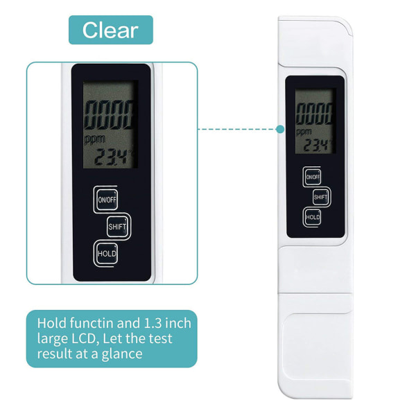 Vannkvalitetstest, nøyaktig og pålitelig, TDS-måler, EC-måler og temperaturmåler 3 i 1, 0-9990 ppm, ideell vanntestmåler for hydrokultur, Ro