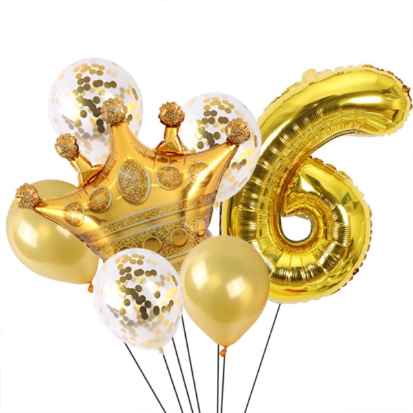 Fødselsdagspynt - Guldnummerballon og kroneballon, Con