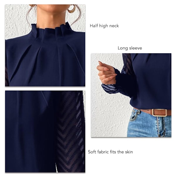 Dam Halvhög Hals Blus Randig Plisserad Enfärgad Elegant Casual Pullover Skjorta Marinblå XL