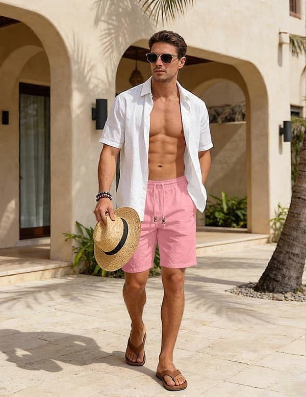 Shorts för män i linne med elastisk dragsko i midjan och sidofickor Pink L