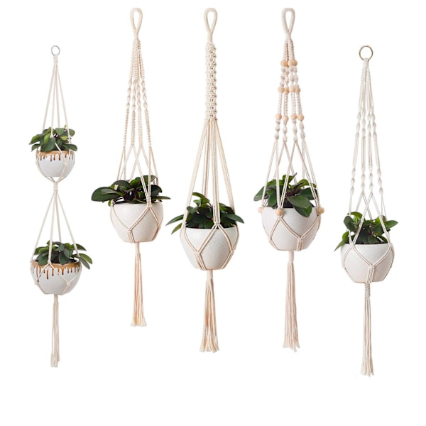 Set med 5 Macrame-hängande korgar, Boho dekorativ bomullsrep hängande hängande korg blomkruka växtkruka hängare för inomhus utomhus tak