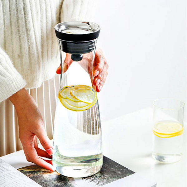 Glaskaraff för vatten, 1 liter, glaskaraff med lock, silikon
