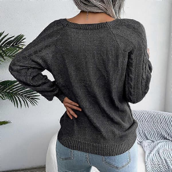 Damstickad tröja mysig tröja rea dam hösttröja snygg fast pullover rundhalsad tröja black S