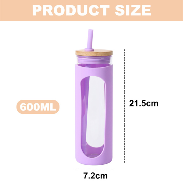600 ml:n lasinen juomapullo, jossa bambukansi ja pilli, vuotosuojattu lasipullo, jossa silikonisuojus, ilman BPA:ta.