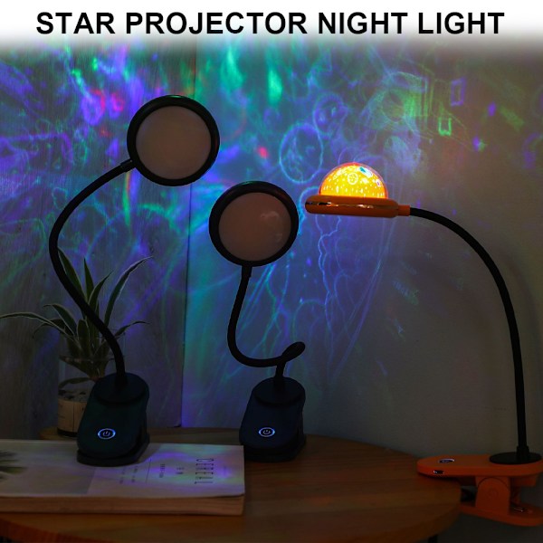 USB-oppladbar LED-klemmelampe leselampe med stjerneprojeksjon