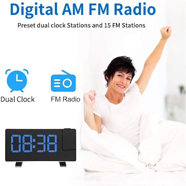 Radioväckarklocka med projektion, projektionsväckarklocka, digital väckarklocka med dubbel alarm, 4 alarmtoner med 10 volym, 15 FM-radio, USB-port,