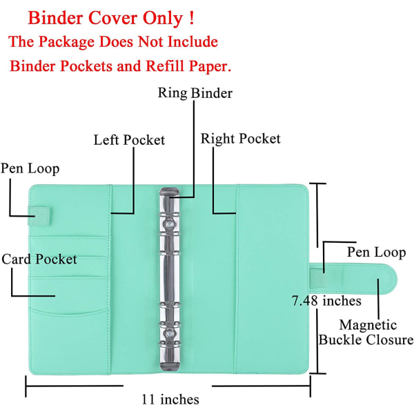 A6 PU Läder Notebook Pärm Återfyllbar 6 Ring Pärm för A6 Light Green