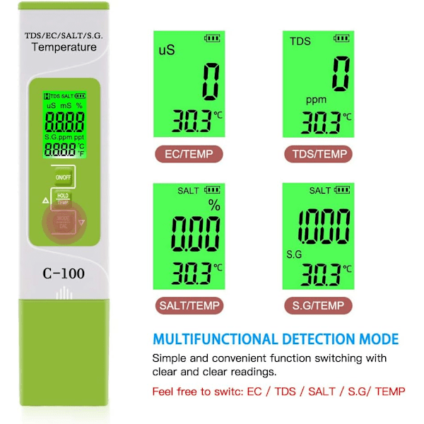 5-i-1 pH-mätare, digital vattenkvalitetsmätare för test av TDS/EC/salthalt/Sg./temperatur, hög noggrannhet, test för dricksvatten, hem, pool,