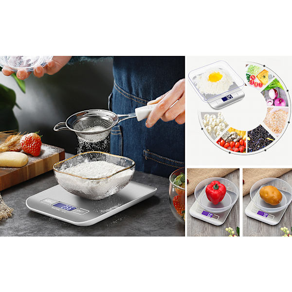 Smart digitalvåg med LCD-display för kök i rostfritt stål, 5 kg/11 lbs, multifunktionell matvåg, uppladdningsbar
