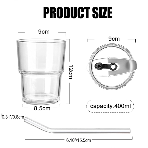 400 ml Tumbler Vattenglas, Vattenflaska med Sugrör och Lock Förseglat Bärbart, Glas Kaffe Mugg Istekopp