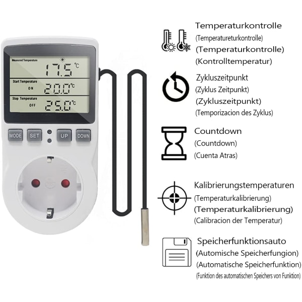KETOTEK 230 V temperaturkontrollplugg med sensor, digital termostatplugg med timer, plugg termostattidsbryter for drivhus, akvarier,