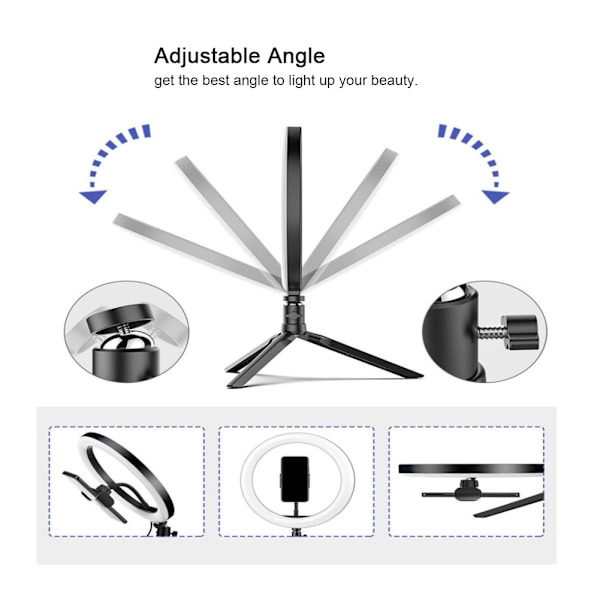 LED-ringlys for skrivebord med USB-fylllys og stativ for telefonholder til sminke, live-sending