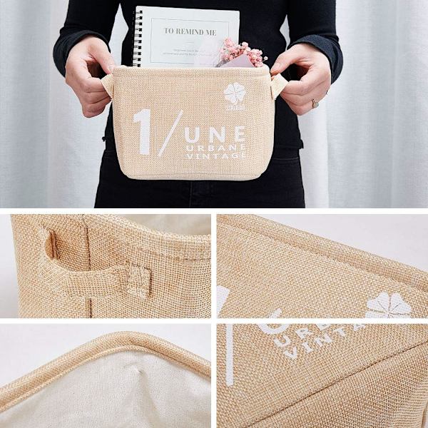 Lite baby lin oppbevaringssett (Beige, Grå, Rosa, Blå) Organizer Stoffoppbevaringskurv med 2 håndtak på begge sider 20,5x17x15cm - Sett med 4