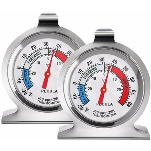 2-pack kylskåpstermometer, -30~30°C/-20~80°F, klassisk kylskåpspekare termometer, stor urtavla med röd indikatorlampa för frys,