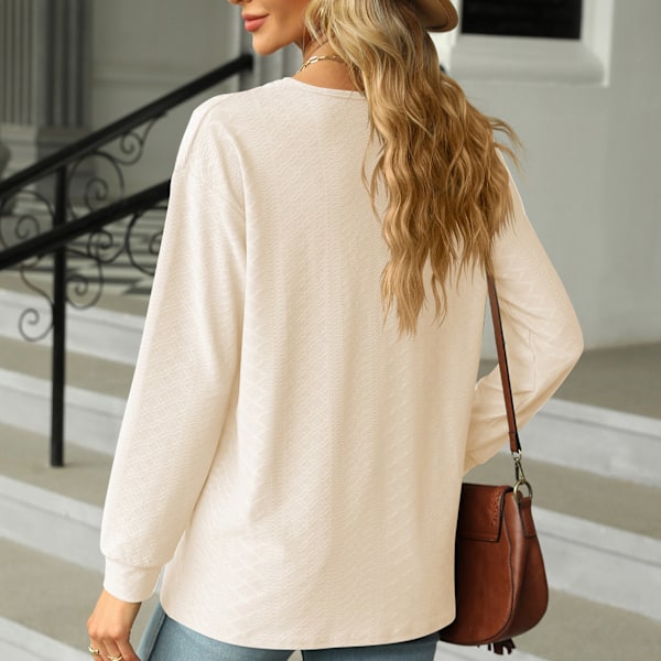 Dam Blus med V-ringning Långärmad Texturerad Jacquard Knappdekoration Pullover Topp Aprikos S