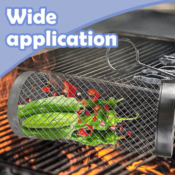 Rullende grillkurv, grillkurve i rustfrit stål, grillkurv, rullende grillkurv, cylindrisk grillkurv, med krog, til grillning