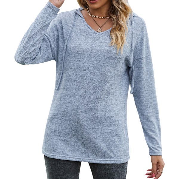 Dam Långärmad Hoodie V-ringad Dragsko Enfärgad Lös Casual Tröja Ljusblå XL