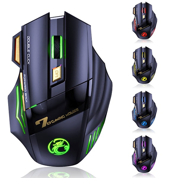Langaton pelihiiri, ladattava Silent Click pelihiiri 2.4G USB vastaanottimella, 3 säädettävää DPI:tä, 7 herkkää painiketta Ergonominen RGB-hiiri