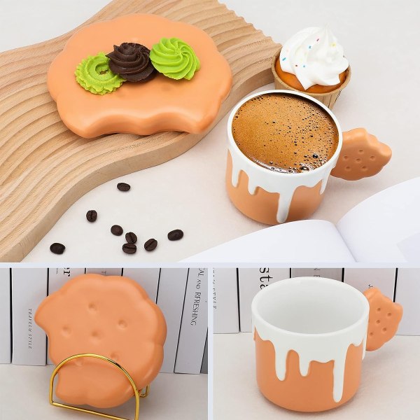 Kreative søde kiksformet krus og tallerkensæt, keramisk kaffekrus til kontoret og hjemmet, 7,4 oz/220 ML til Tea Latte Milk