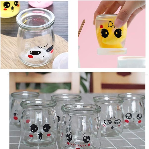 12 glas yoghurtglas med låg med forskellige emojidekorationer, De