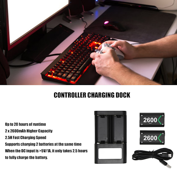 Uppladdningsbart batteripaket för Xbox One 2x2600mAh batteri med laddstation för Xbox One S för Xbox Series X S