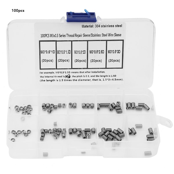 100 stk Spiraltrådgjenge-reparasjonsinnsatser i rustfritt stål (#3)