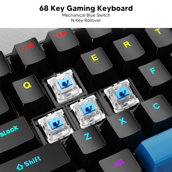 Speltangentbord USB 68 tangenter Blå brytare N Key Rollover 10 RGB-bakgrundsbelysningslägen Trådbundet tangentbord för stationär bärbar dator Svart Blå