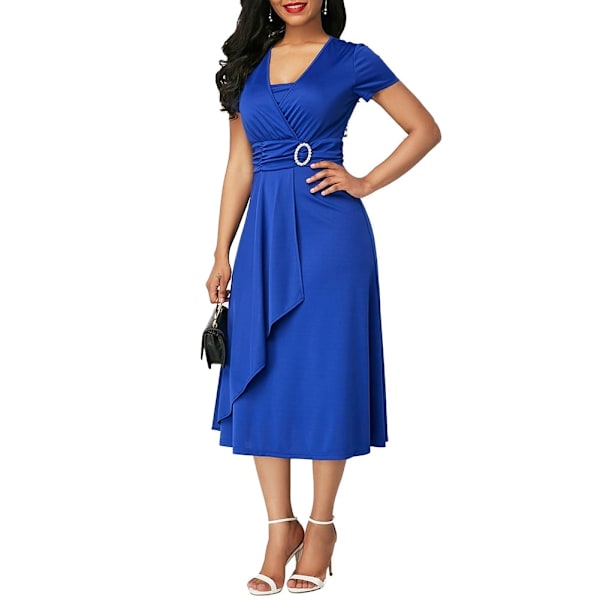 Plus Size Women Short Sleeve V Neck Asymmetric Hem Waist Tight Midi Party Dress 2XL