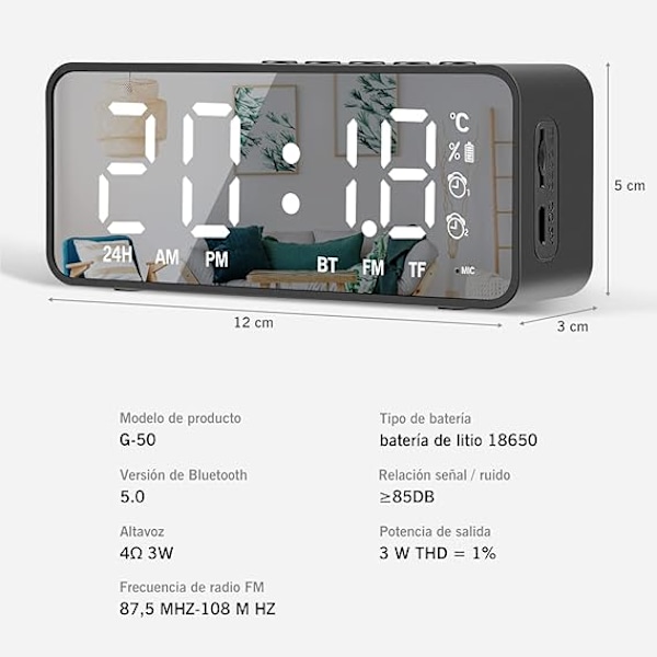 Digital vekkerklokke med speilet LED-skjerm, 5.0 Bluetooth-høyttaler, dobbel alarm vekkerklokke med omgivelsestemperaturvisning