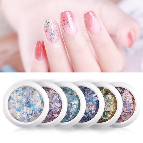 Holografiskt nagelglitter, sjöjungfrudamm, flingor, glänsande berlocker