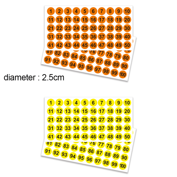 Nummer klistremerker, 2 poser nummerert 1 til 50 og 51 til 100