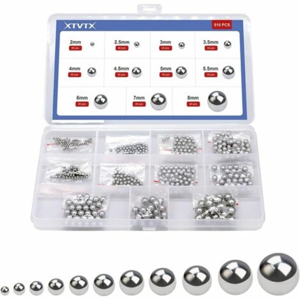 510 stk. Solid Precision Chrome Steel Bearing Ball Assortment