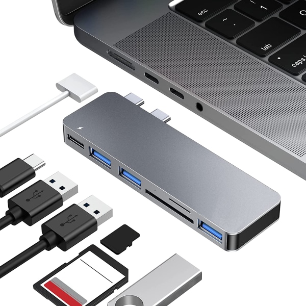 USB C Hub Adapter för MacBook Pro/Air 13\" 15\" 2022 2021 2020, RayCue 6 i 2 USB-C Tillbehör med 3 USB 3.0 Portar, TF/SD Kortläsare, USB-C Ström