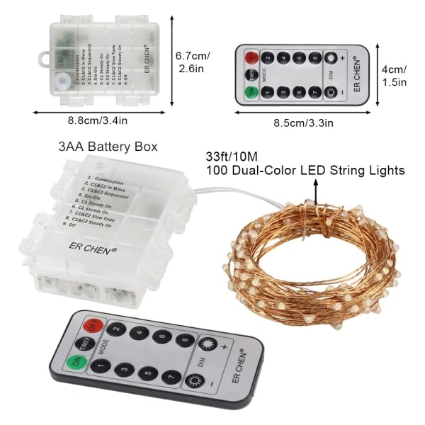 Batteridrevne lyskæder, 33ft 100 LED 8 tilstande fe lys