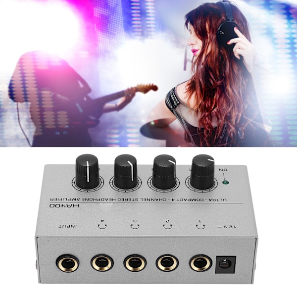 4 Channel Headphone Amplifier Stereo Earphone Splitter with Power Adapter EU Plug 100‑240VAC