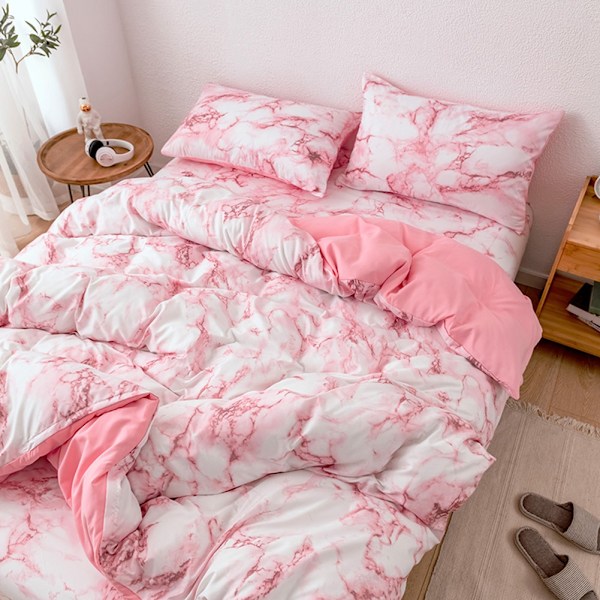 3Pcs/Set Polyester Marbled Bedding Set Quilt Cover with Pillowcase AU-Double Size (Pink)