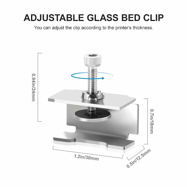 Lasisänkypidikkeet, jotka ovat yhteensopivia Ender 3/3 Pro/3 V2/3S, Ender 5/Plus, CR-10/10S Pro, CR-20 PRO, säädettävän ruostumattomasta teräksestä valmistetun 3D-tulostimen lämmitetyn sängyn kanssa