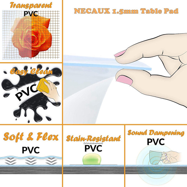 Mittatilaustyönä valmistettu 1,5 mm paksu läpinäkyvä PVC-pöytäsuojus