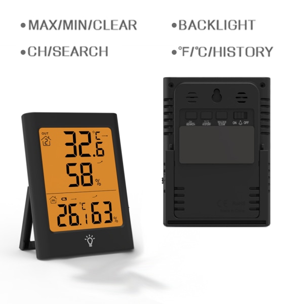 Temperatur- og fuktighetsmåler med LCD-bakgrunnsbelysning, trådløs