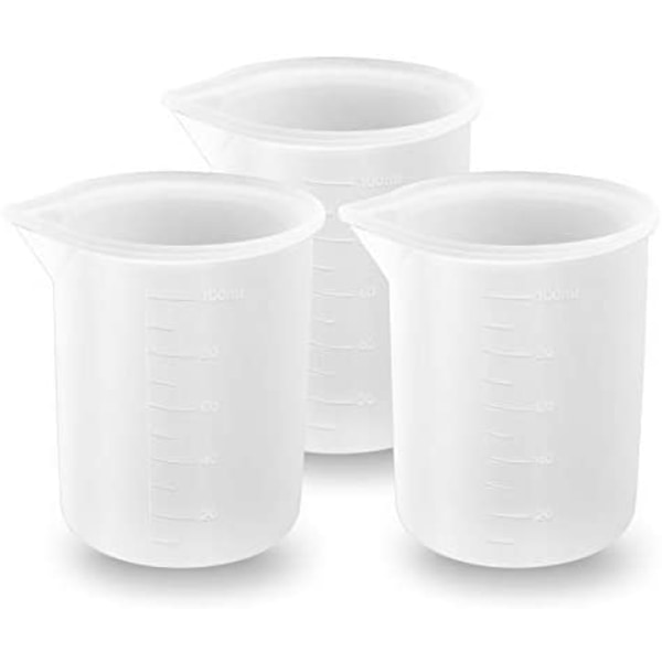 3 stk. 100 ml silikonmålebeger, brukt til harpiks
