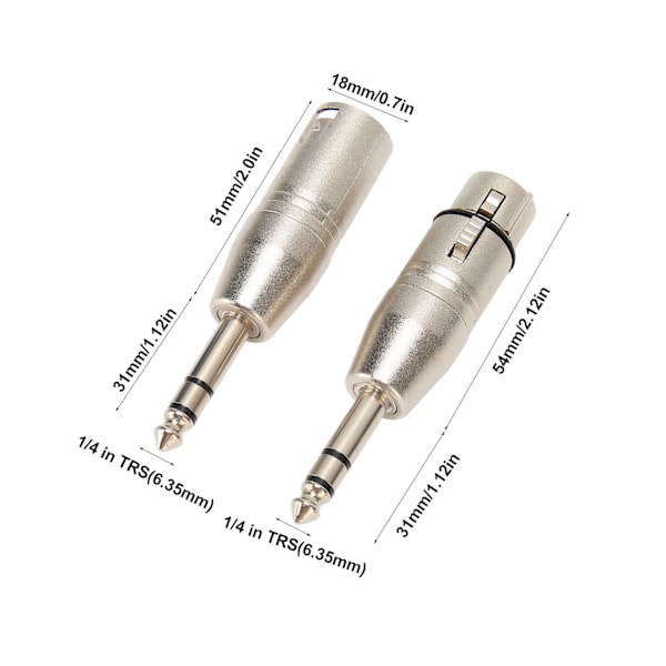 2 kpl 1/4 tuuman TRS-XLR-sovitinta 6,5 mm:n stereo 1/4 TRS-uros XLR 3-nastaiseen naaras- ja urosliittimeen tasapainotettu ääniliitin