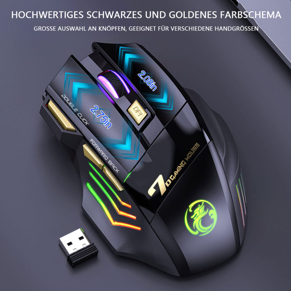 Trådløs gamingmus, genopladelig Silent Click Gaming-mus med 2,4G USB-modtager, 3 justerbare DPI, 7 følsomme knapper Ergonomisk RGB-mus til