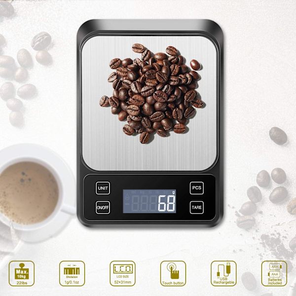 Kjøkkenvekt Precision Scale USB Oppladbar, 10kg/1g elektronisk kjøkkenvekt rustfritt stål, væskemåling, bakgrunnsbelyst LCD, auto-av,