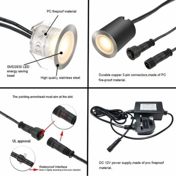 Set med 16 LED-infällda spotlights för utomhusbruk, IP67 vattentät, 32 mm, infällda spotlights för utomhusbruk för träterrass, pool, trädgårdstrappor i trä
